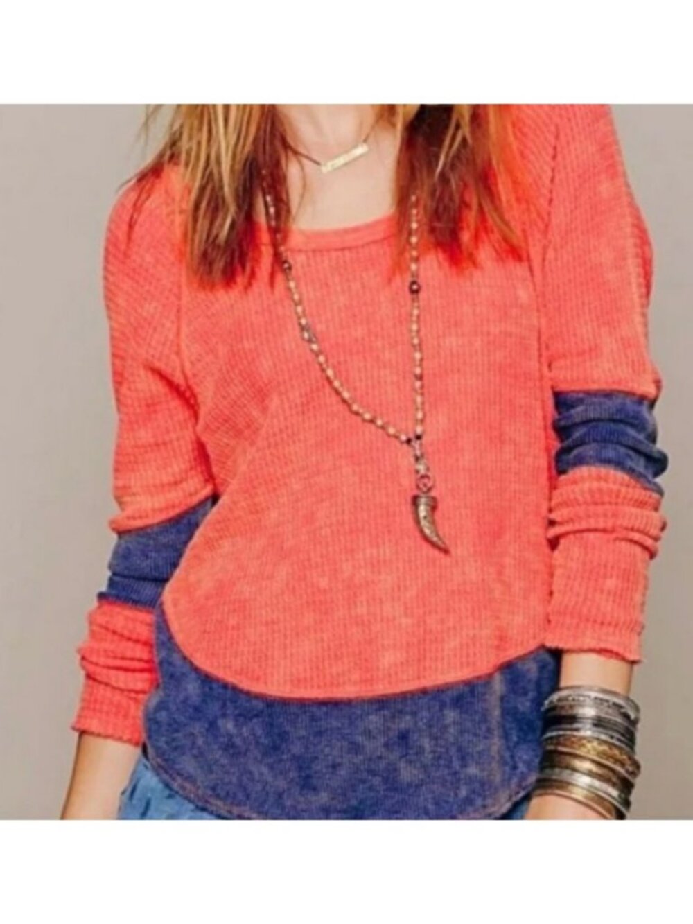 Free People Long Sleeve Colorblock Thermal Shirt Womens XS scoop neck